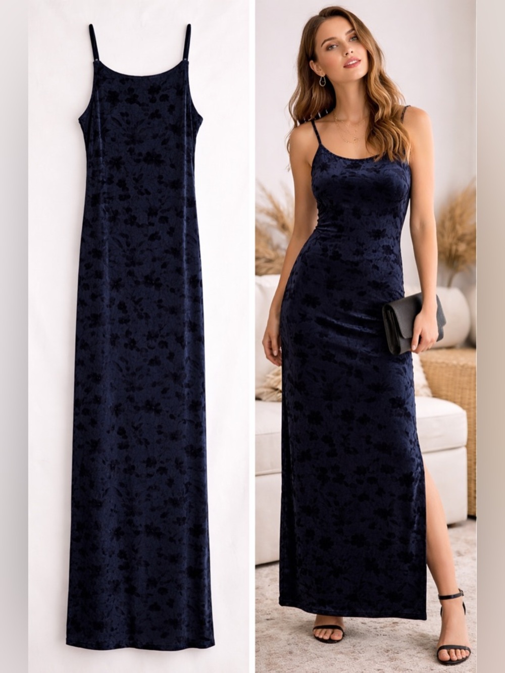 Jonathan Martin Velvet Floral Navy Black Maxi Dress M Vintage 90s Whimsigoth